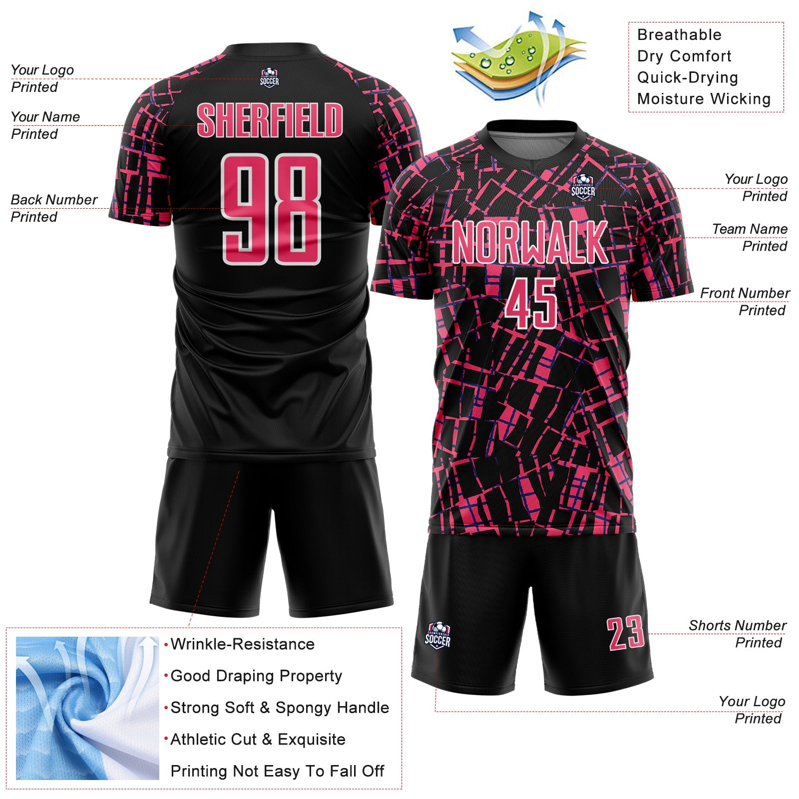 Custom Black Neon Pink-White Abstract Line Sports Sublimation Soccer Uniform Jersey view 4