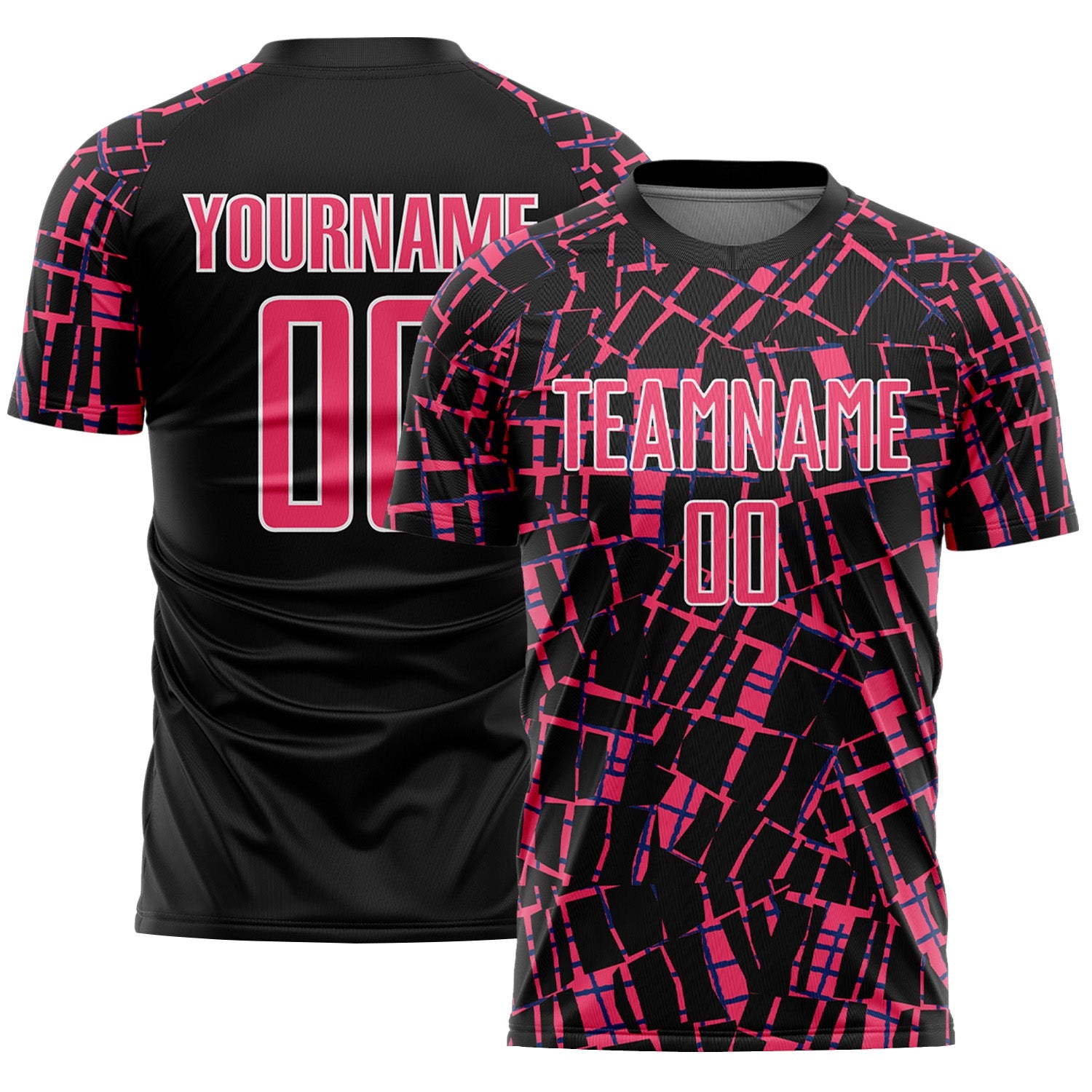 Custom Black Neon Pink-White Abstract Line Sports Sublimation Soccer Uniform Jersey - Main View