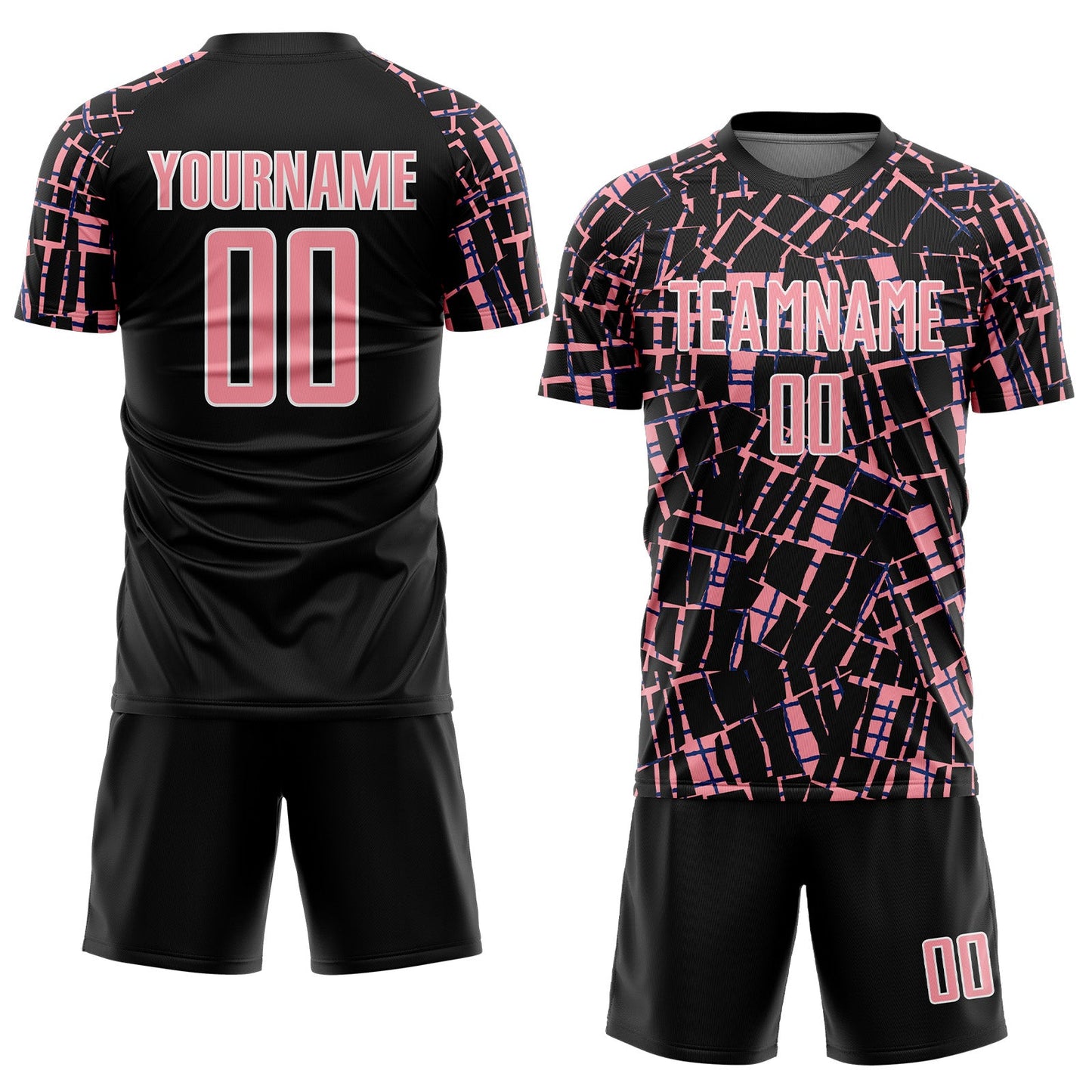 Custom Black Medium Pink-White Abstract Line Sports Sublimation Soccer Uniform Jersey view 2