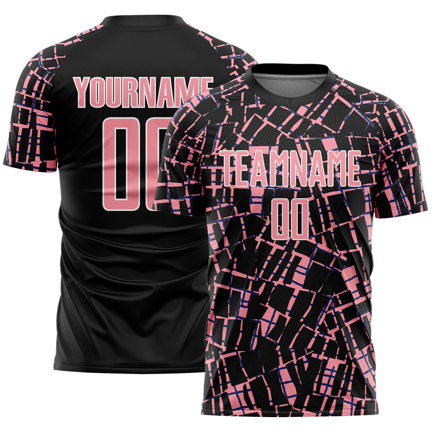 Custom Black Medium Pink-White Abstract Line Sports Sublimation Soccer Uniform Jersey - Main View