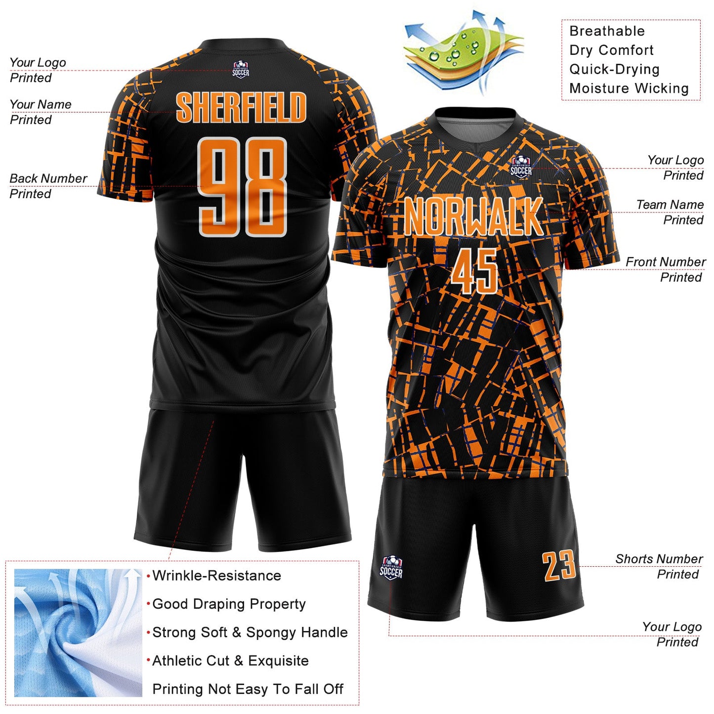 Custom Black Bay Orange-White Abstract Line Sports Sublimation Soccer Uniform Jersey view 4