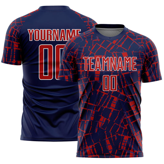 Custom Navy Red-White Abstract Line Sports Sublimation Soccer Uniform Jersey - Main View