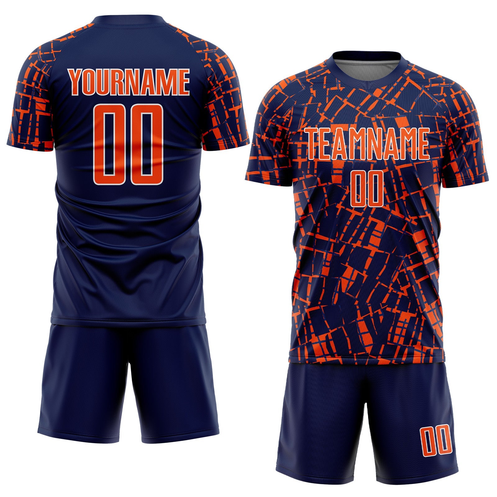 Custom Navy Orange-White Abstract Line Sports Sublimation Soccer Uniform Jersey view 2
