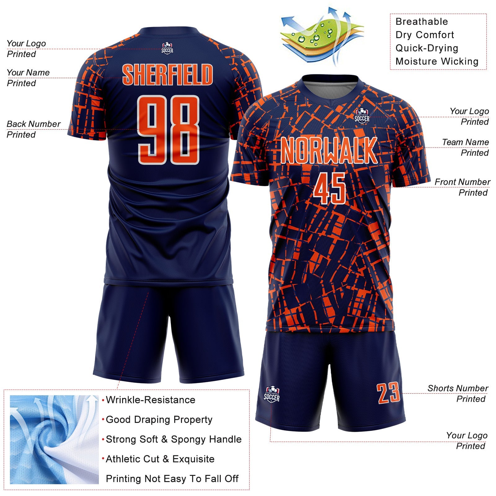 Custom Navy Orange-White Abstract Line Sports Sublimation Soccer Uniform Jersey view 4