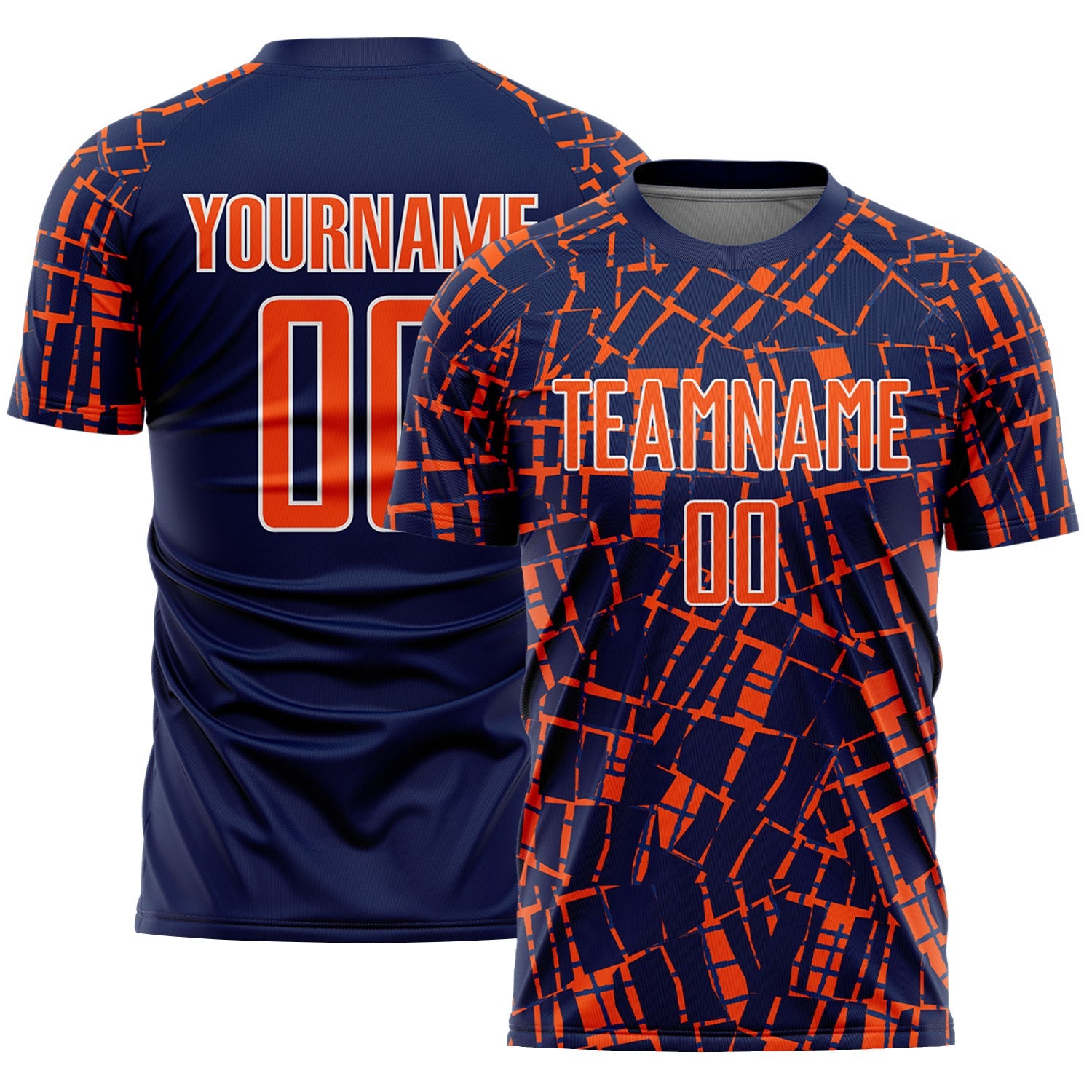 Custom Navy Orange-White Abstract Line Sports Sublimation Soccer Uniform Jersey - Main View