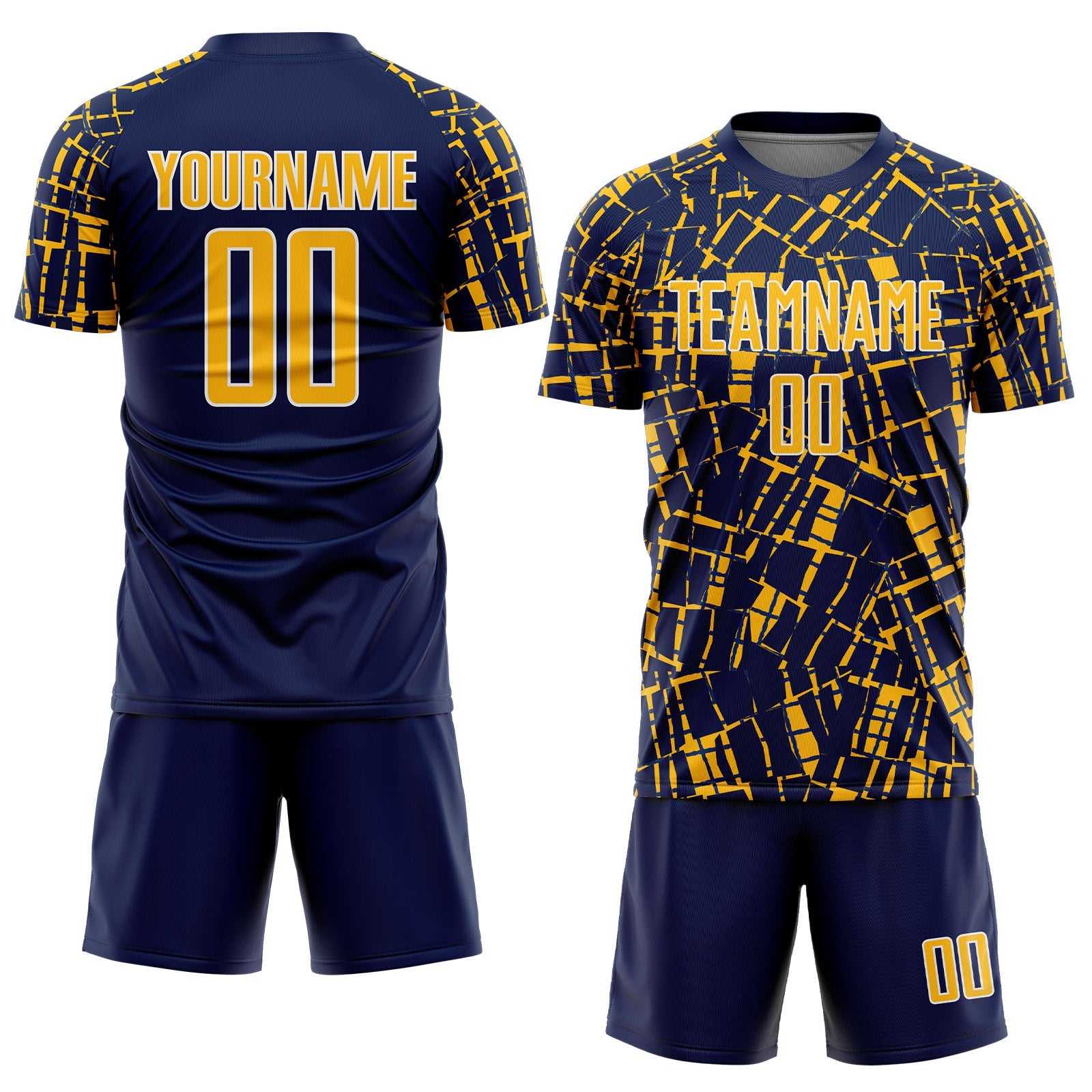 Custom Navy Gold-White Abstract Line Sports Sublimation Soccer Uniform Jersey view 2