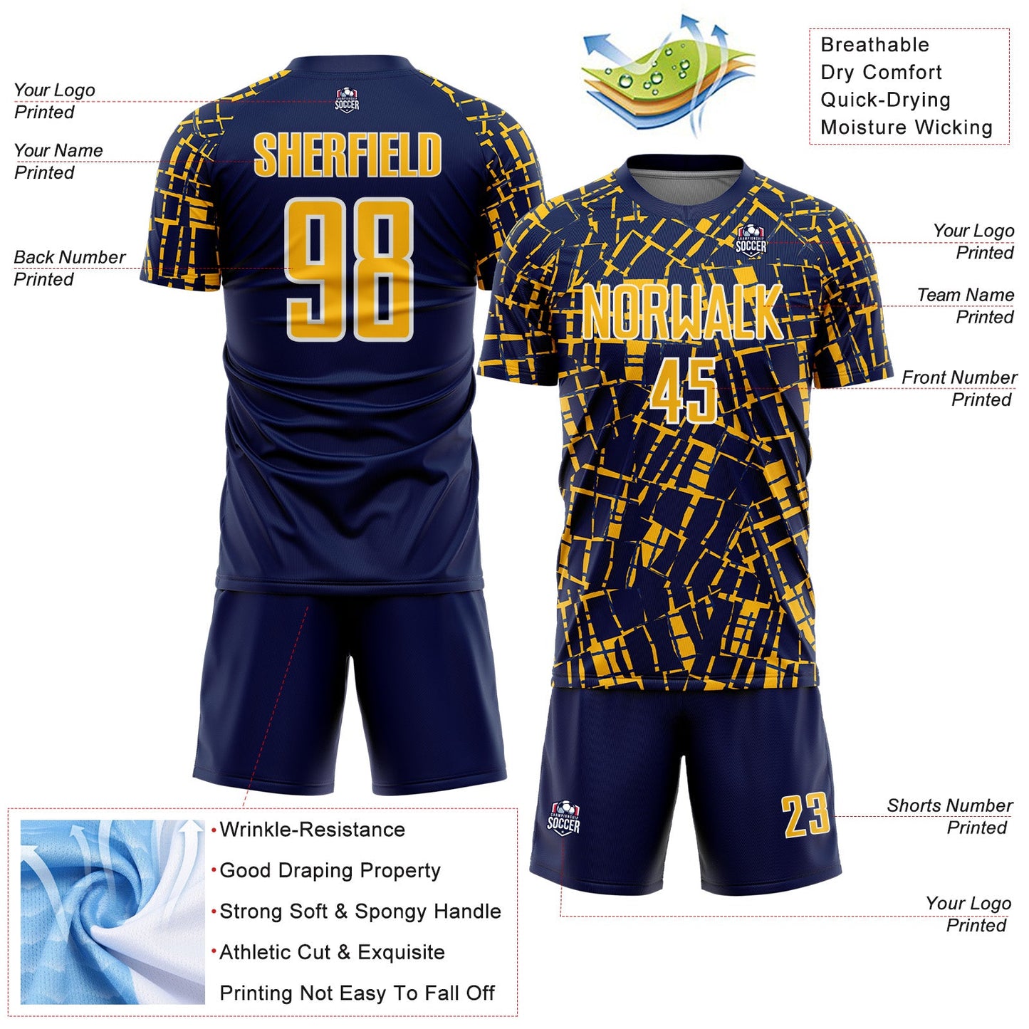 Custom Navy Gold-White Abstract Line Sports Sublimation Soccer Uniform Jersey view 4