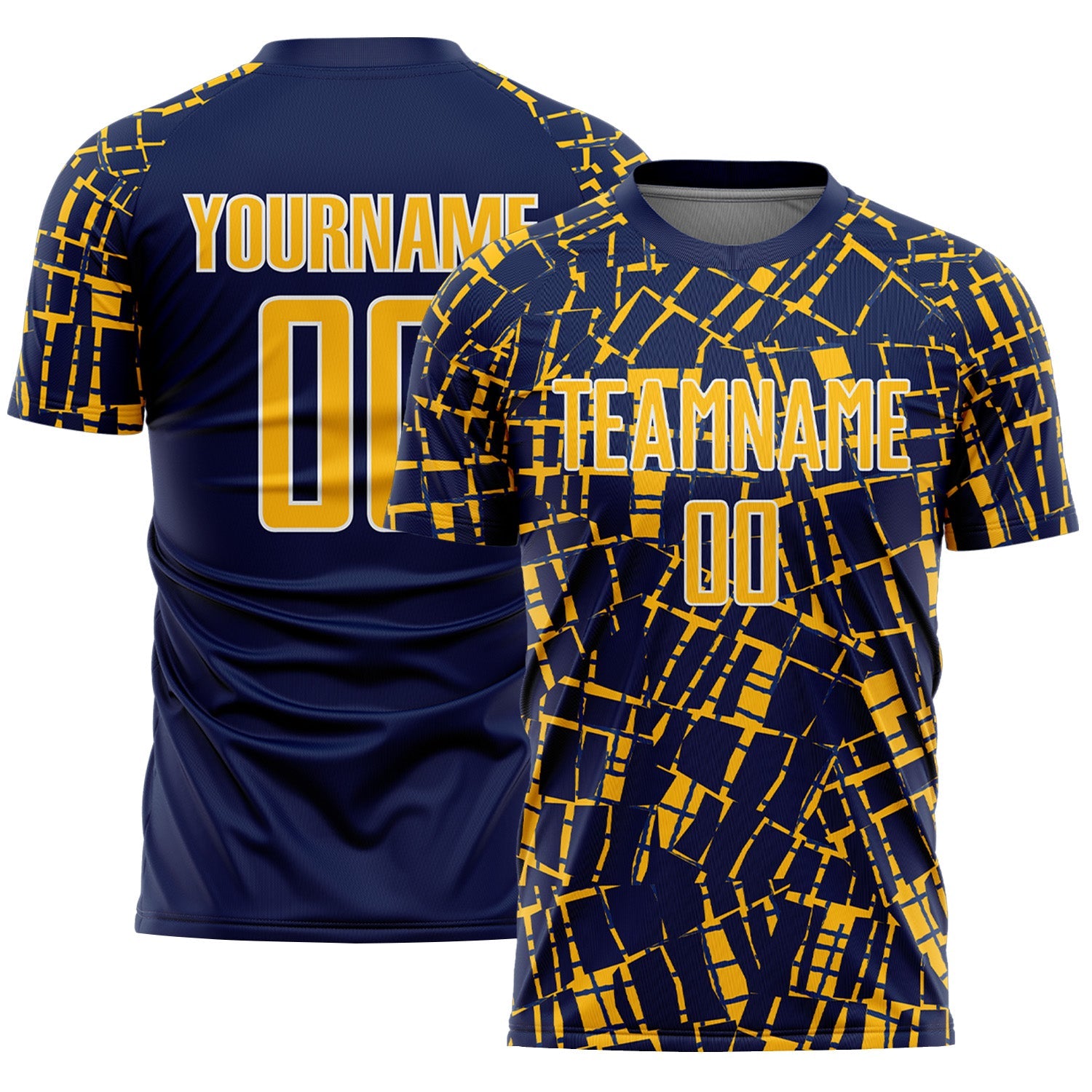 Custom Navy Gold-White Abstract Line Sports Sublimation Soccer Uniform Jersey - Main View