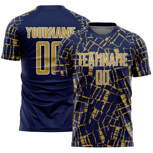 Custom Navy Old Gold-White Abstract Line Sports Sublimation Soccer Uniform Jersey - Main View