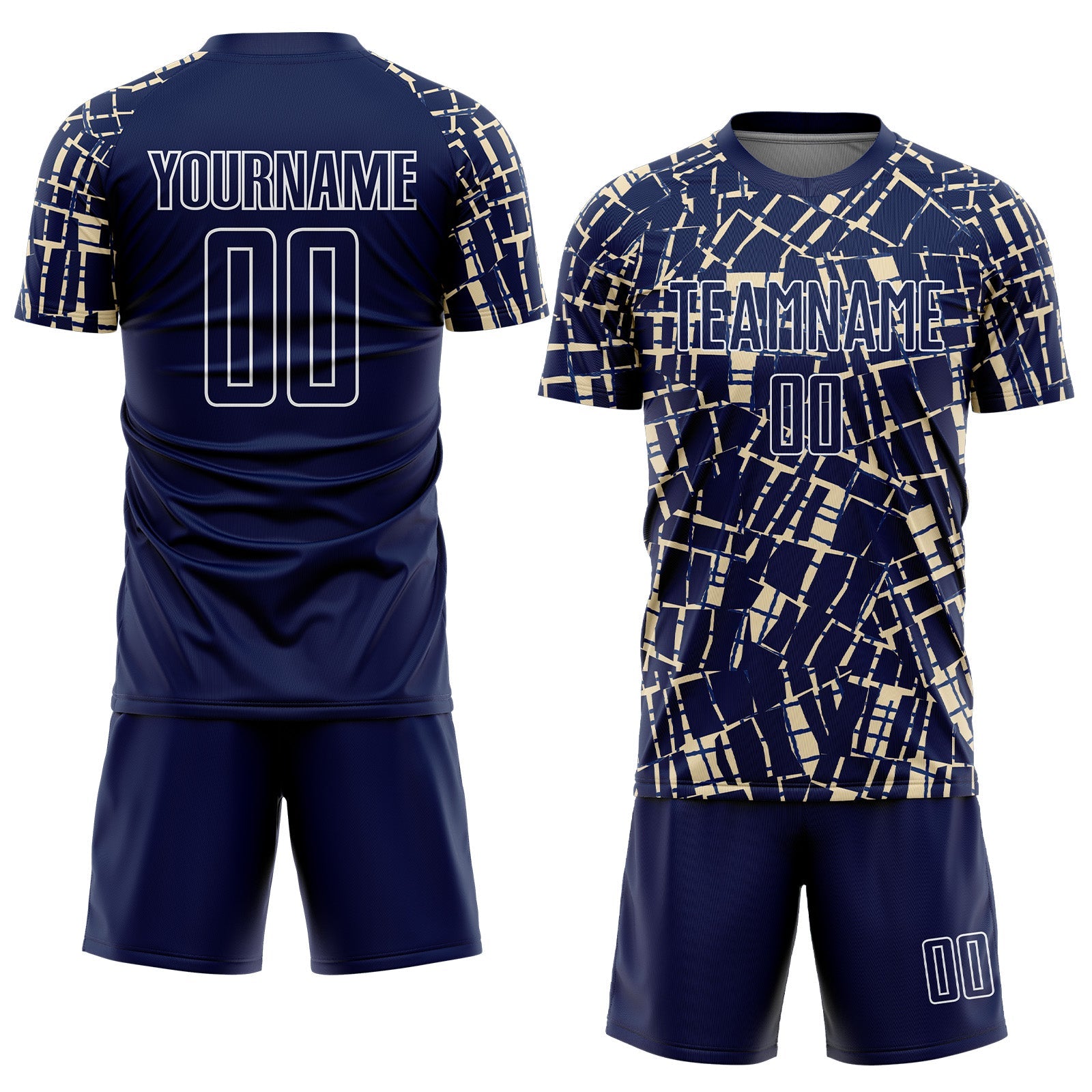Custom Navy Cream-White Abstract Line Sports Sublimation Soccer Uniform Jersey view 2