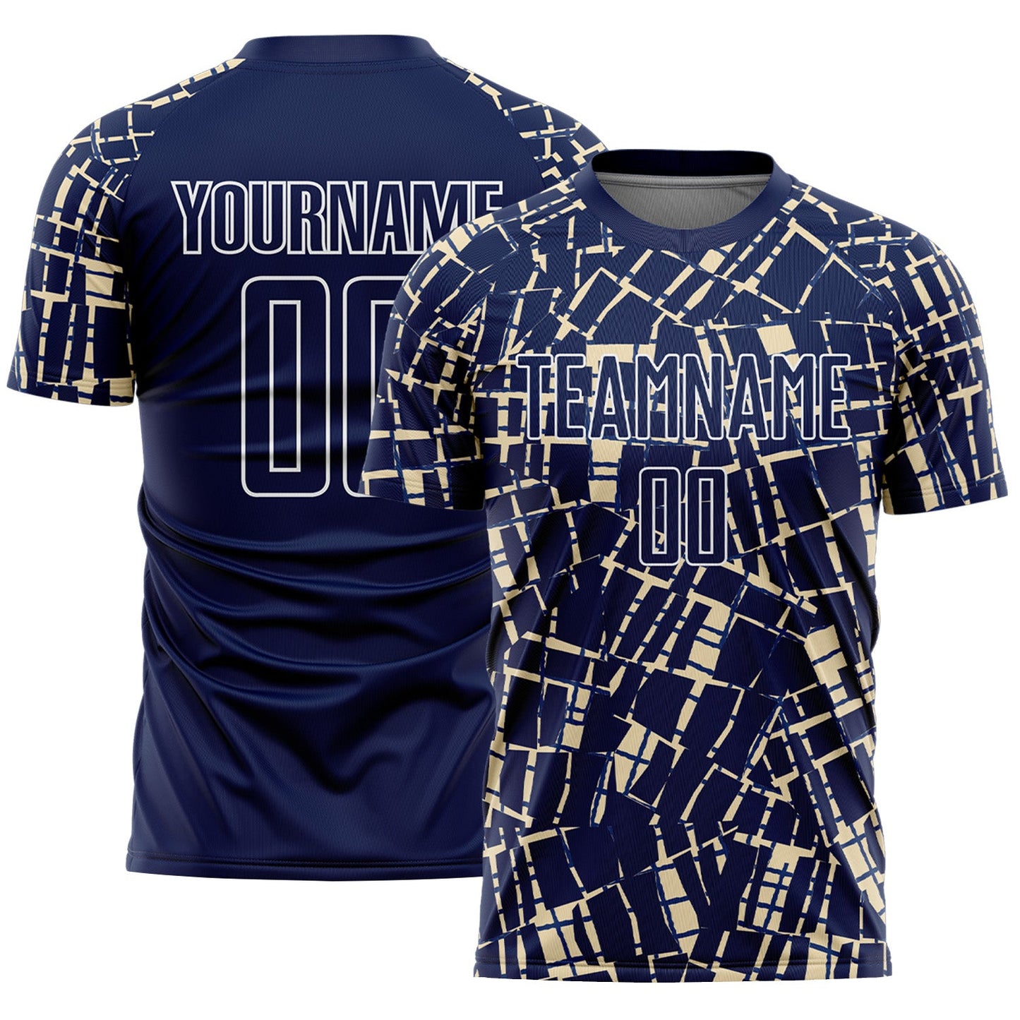 Custom Navy Cream-White Abstract Line Sports Sublimation Soccer Uniform Jersey - Main View