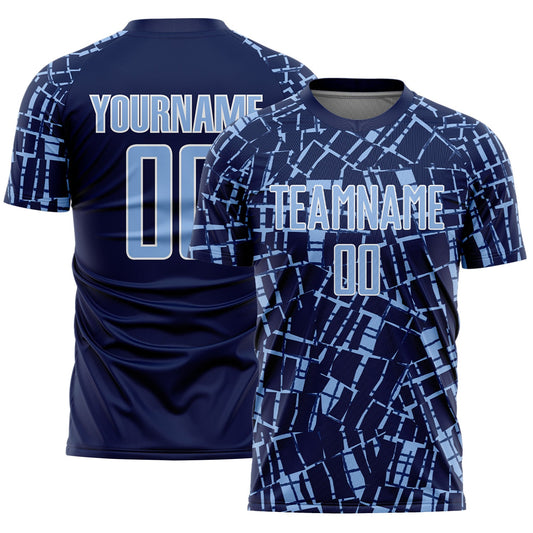 Custom Navy Light Blue-White Abstract Line Sports Sublimation Soccer Uniform Jersey - Main View