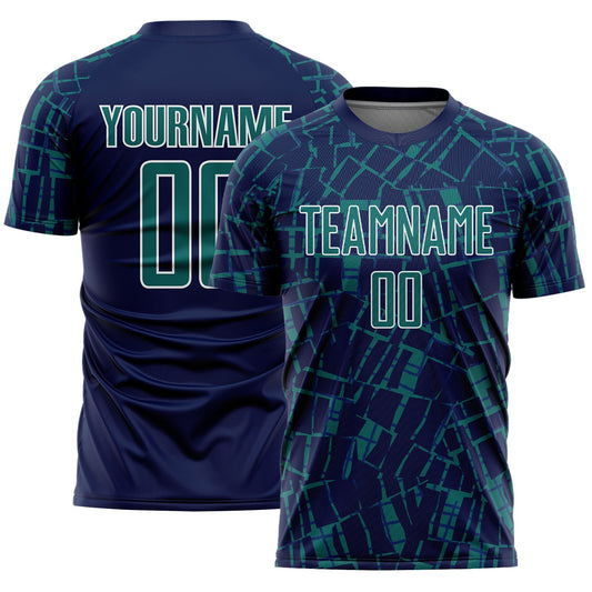 Custom Navy Teal-White Abstract Line Sports Sublimation Soccer Uniform Jersey - Main View