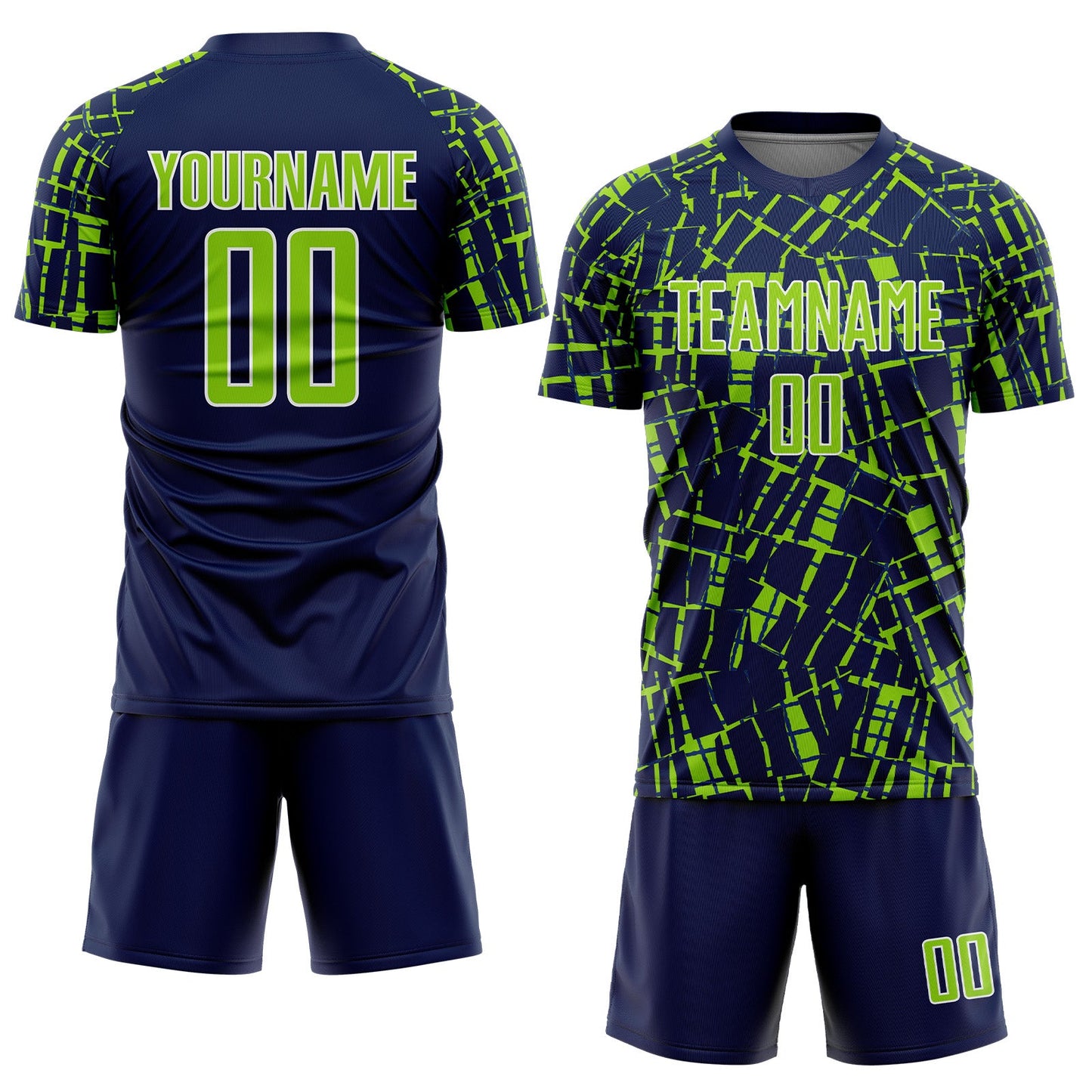 Custom Navy Neon Green-White Abstract Line Sports Sublimation Soccer Uniform Jersey view 2