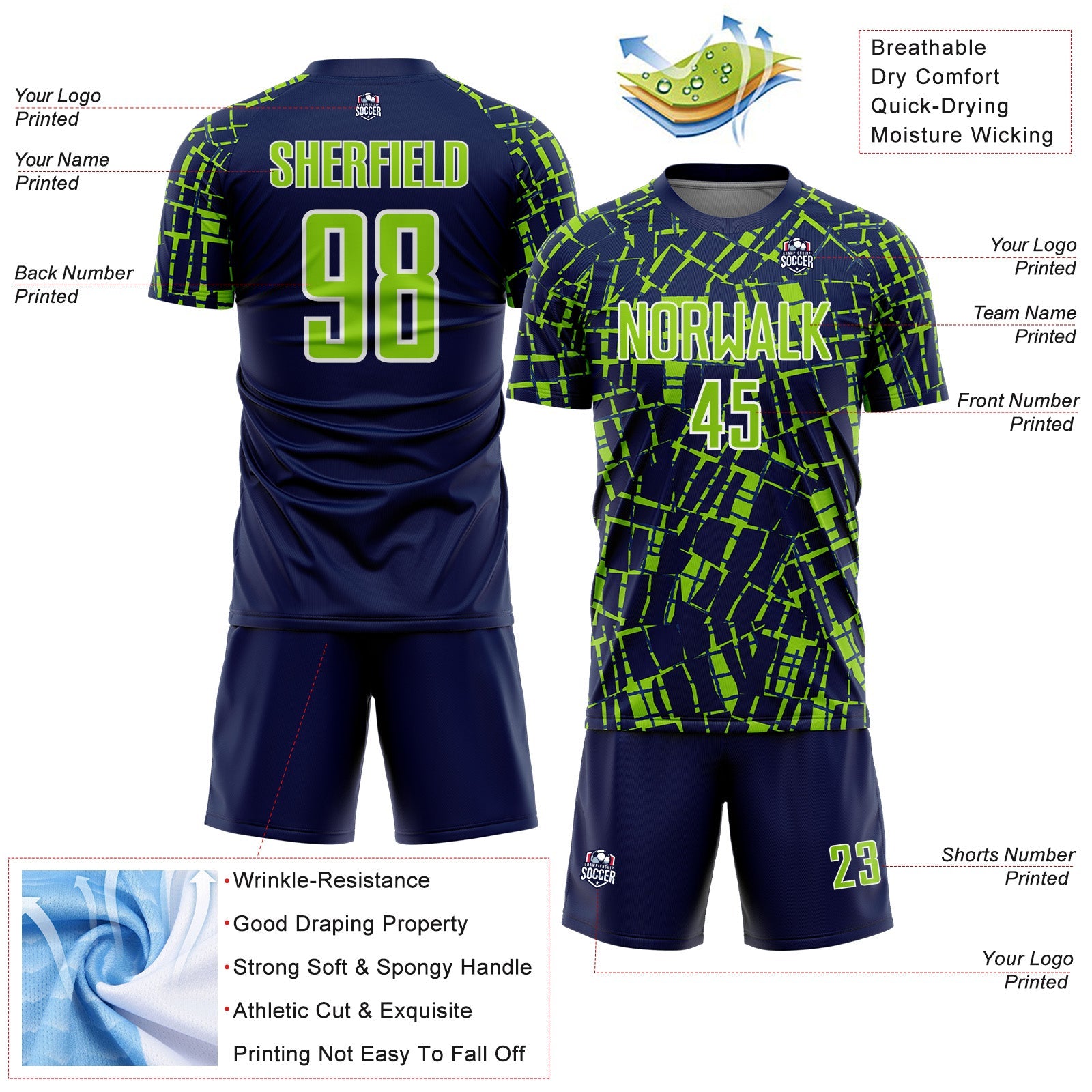 Custom Navy Neon Green-White Abstract Line Sports Sublimation Soccer Uniform Jersey view 4