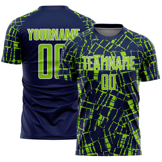 Custom Navy Neon Green-White Abstract Line Sports Sublimation Soccer Uniform Jersey - Main View