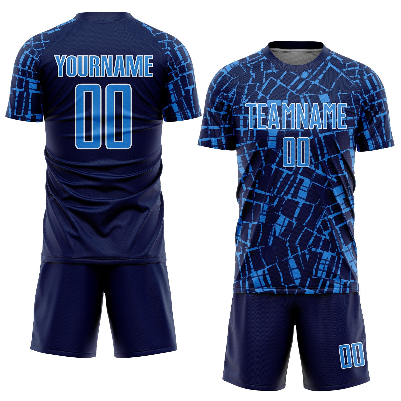 Custom Navy Powder Blue-White Abstract Line Sports Sublimation Soccer Uniform Jersey view 2
