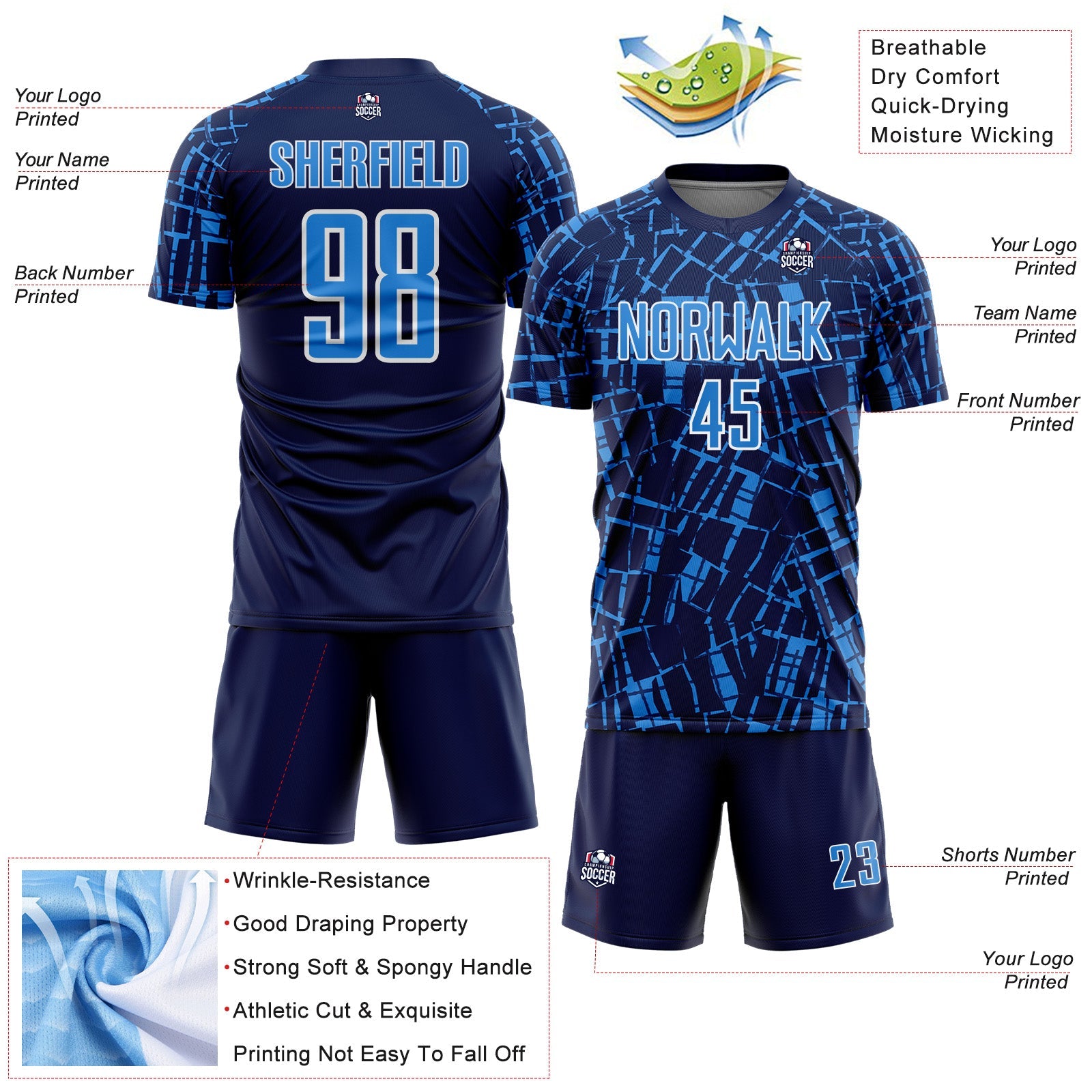 Custom Navy Powder Blue-White Abstract Line Sports Sublimation Soccer Uniform Jersey view 4
