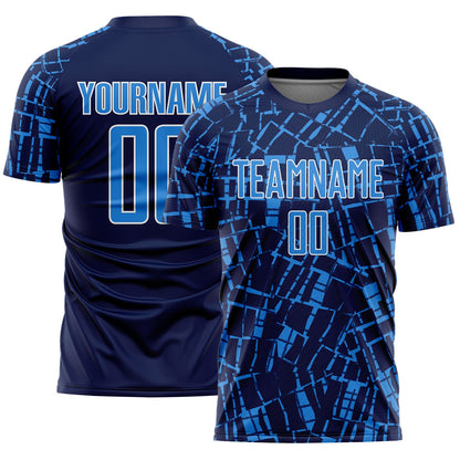 Custom Navy Powder Blue-White Abstract Line Sports Sublimation Soccer Uniform Jersey - Main View