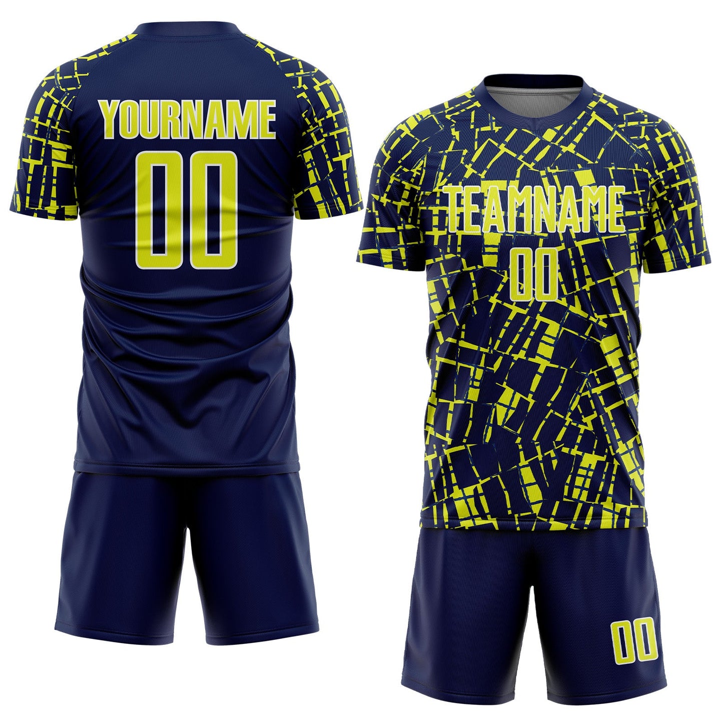 Custom Navy Neon Yellow-White Abstract Line Sports Sublimation Soccer Uniform Jersey view 2