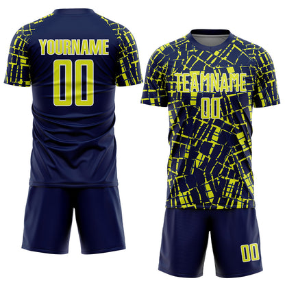 Custom Navy Neon Yellow-White Abstract Line Sports Sublimation Soccer Uniform Jersey view 2