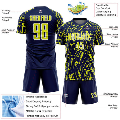 Custom Navy Neon Yellow-White Abstract Line Sports Sublimation Soccer Uniform Jersey view 4