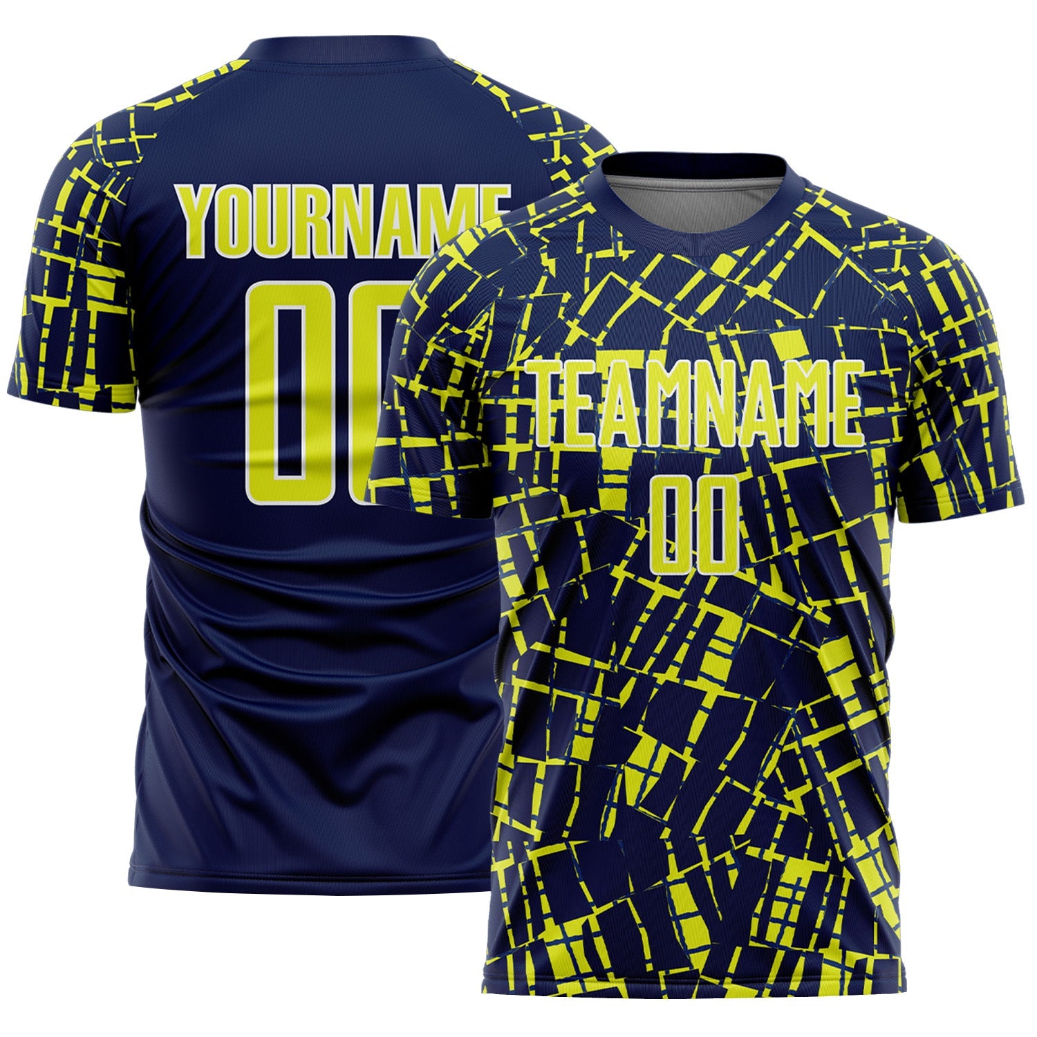 Custom Navy Neon Yellow-White Abstract Line Sports Sublimation Soccer Uniform Jersey - Main View