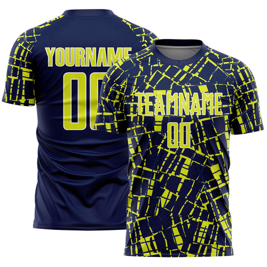Custom Navy Neon Yellow-White Abstract Line Sports Sublimation Soccer Uniform Jersey - Main View