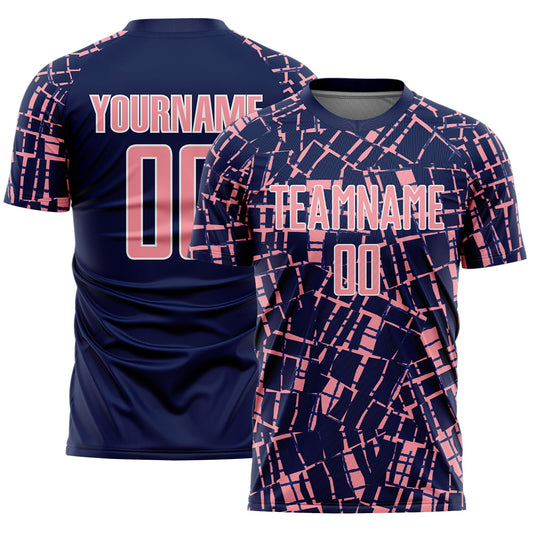 Custom Navy Medium Pink-White Abstract Line Sports Sublimation Soccer Uniform Jersey - Main View