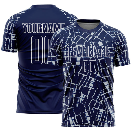 Custom Navy Silver-White Abstract Line Sports Sublimation Soccer Uniform Jersey - Main View
