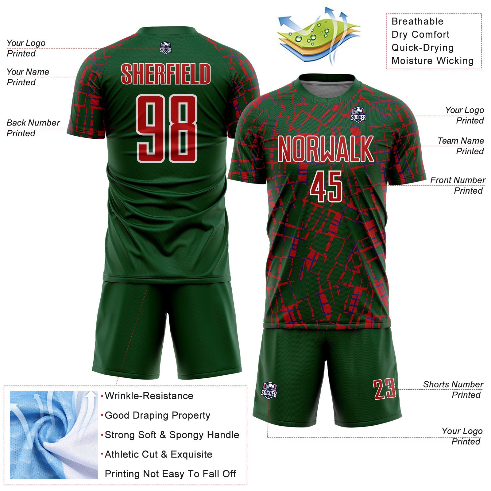 Custom Green Red-White Abstract Line Sports Sublimation Soccer Uniform Jersey view 4