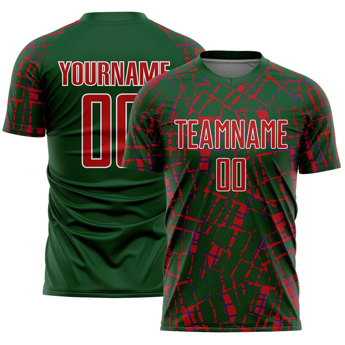 Custom Green Red-White Abstract Line Sports Sublimation Soccer Uniform Jersey - Main View