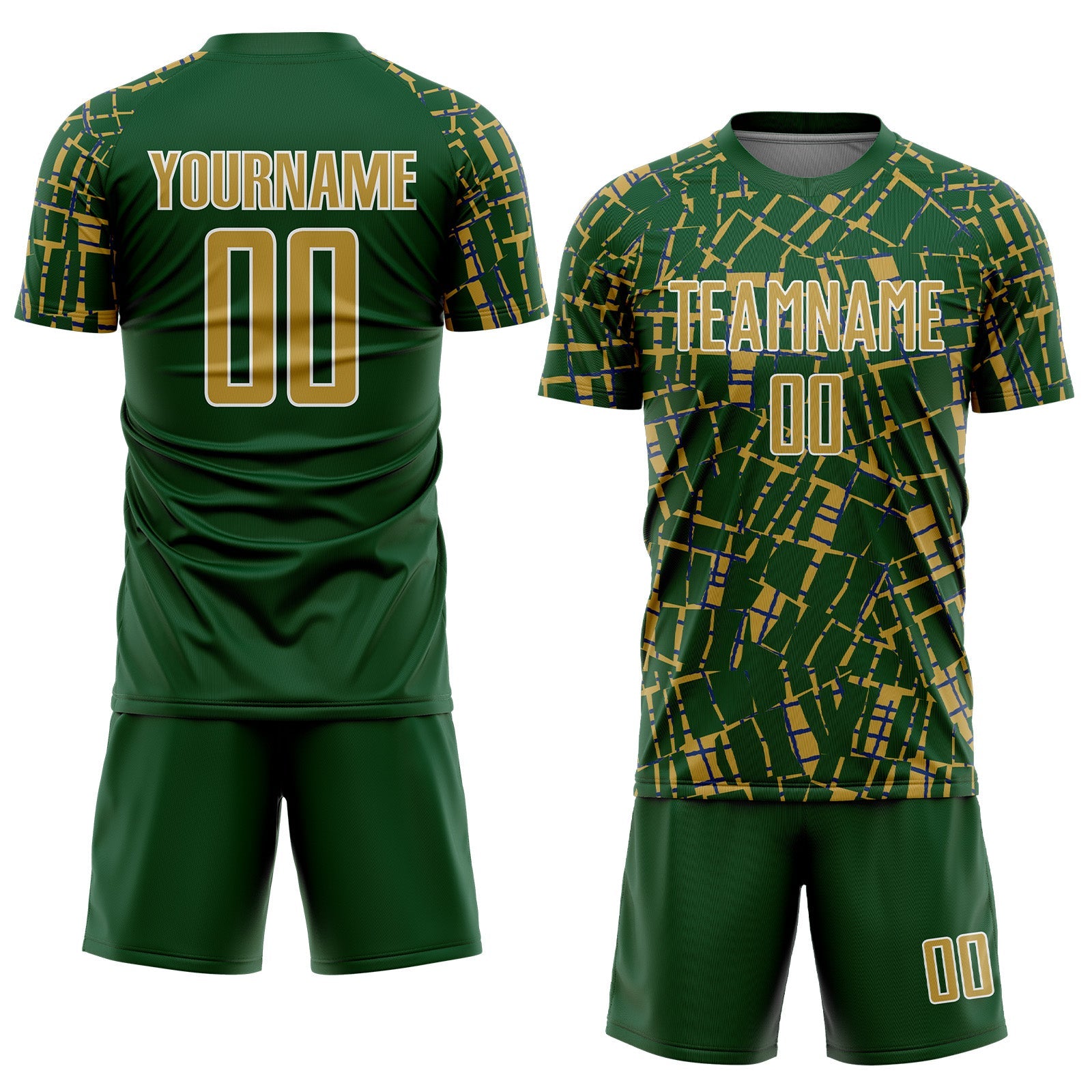 Custom Green Old Gold-White Abstract Line Sports Sublimation Soccer Uniform Jersey view 2