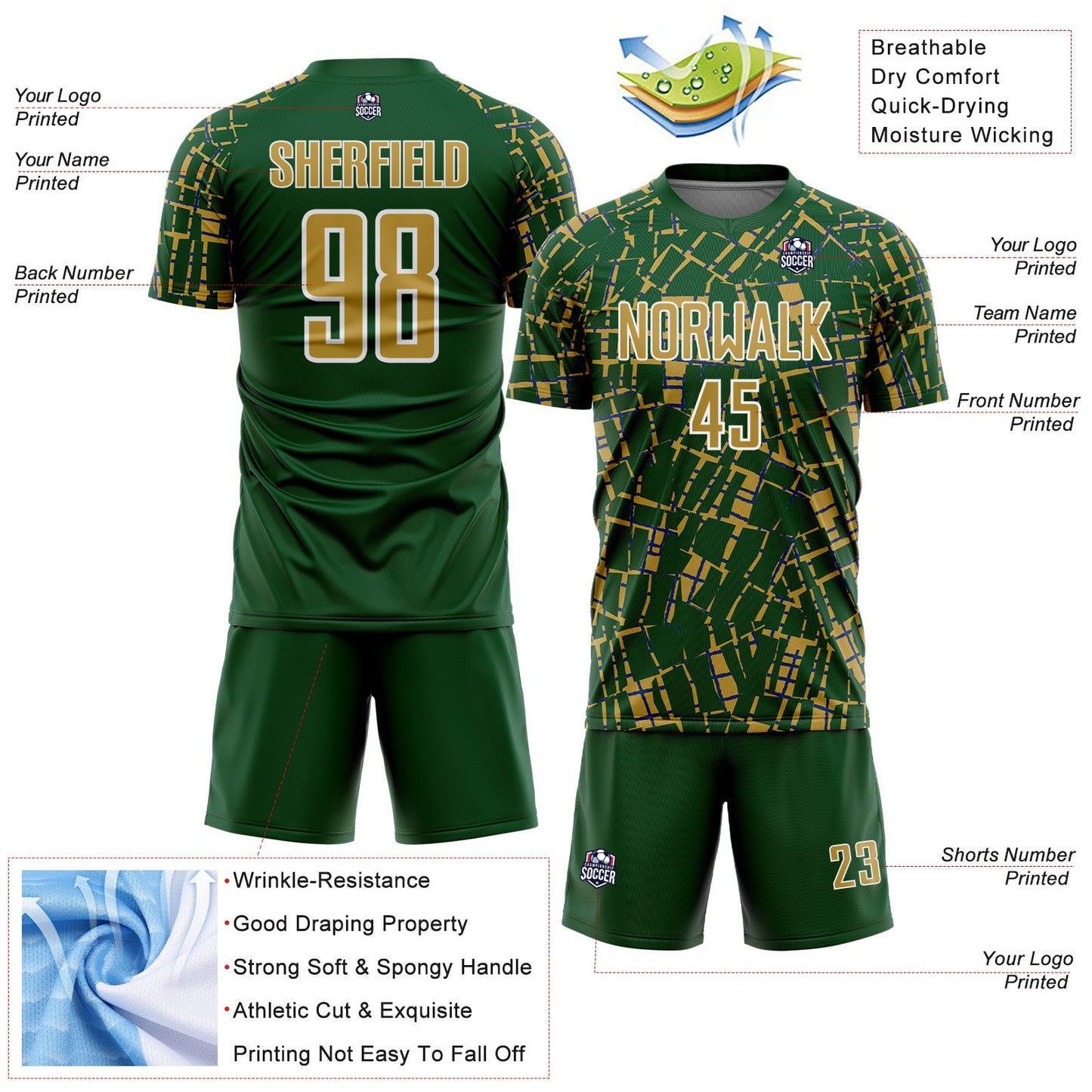 Custom Green Old Gold-White Abstract Line Sports Sublimation Soccer Uniform Jersey view 4