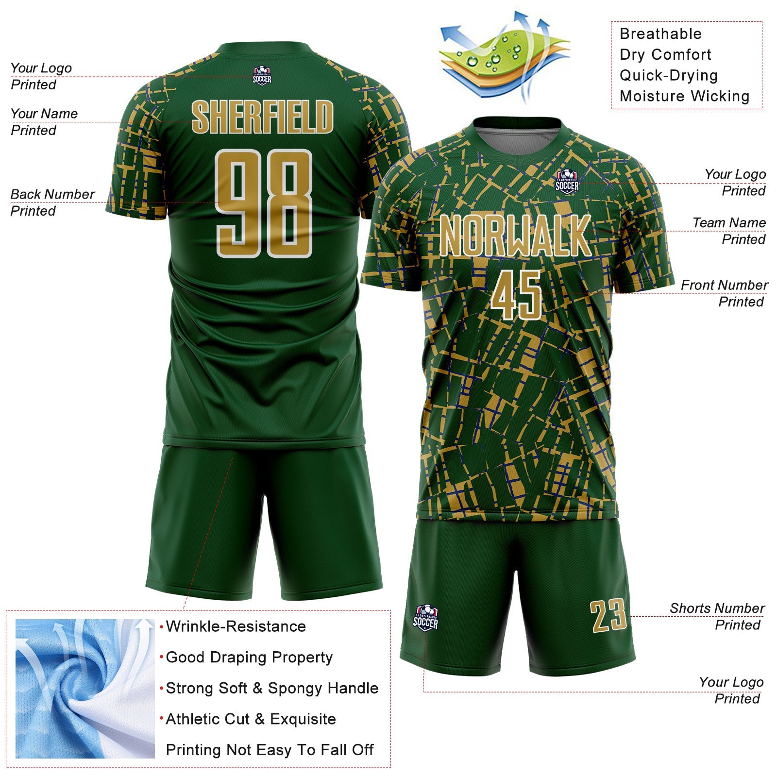 Custom Green Old Gold-White Abstract Line Sports Sublimation Soccer Uniform Jersey view 4