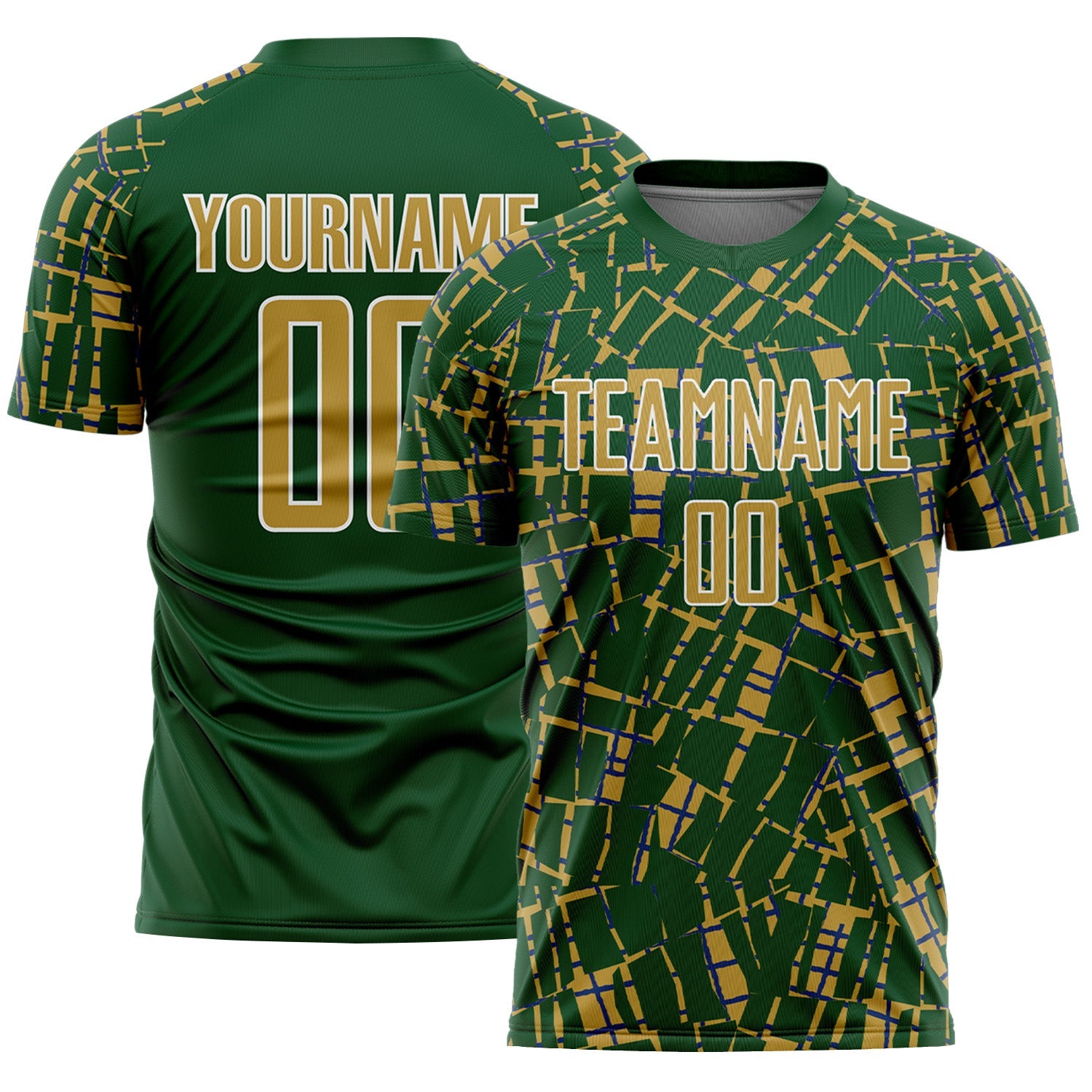 Custom Green Old Gold-White Abstract Line Sports Sublimation Soccer Uniform Jersey - Main View