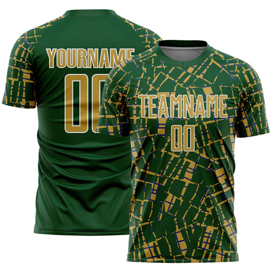 Custom Green Old Gold-White Abstract Line Sports Sublimation Soccer Uniform Jersey - Main View
