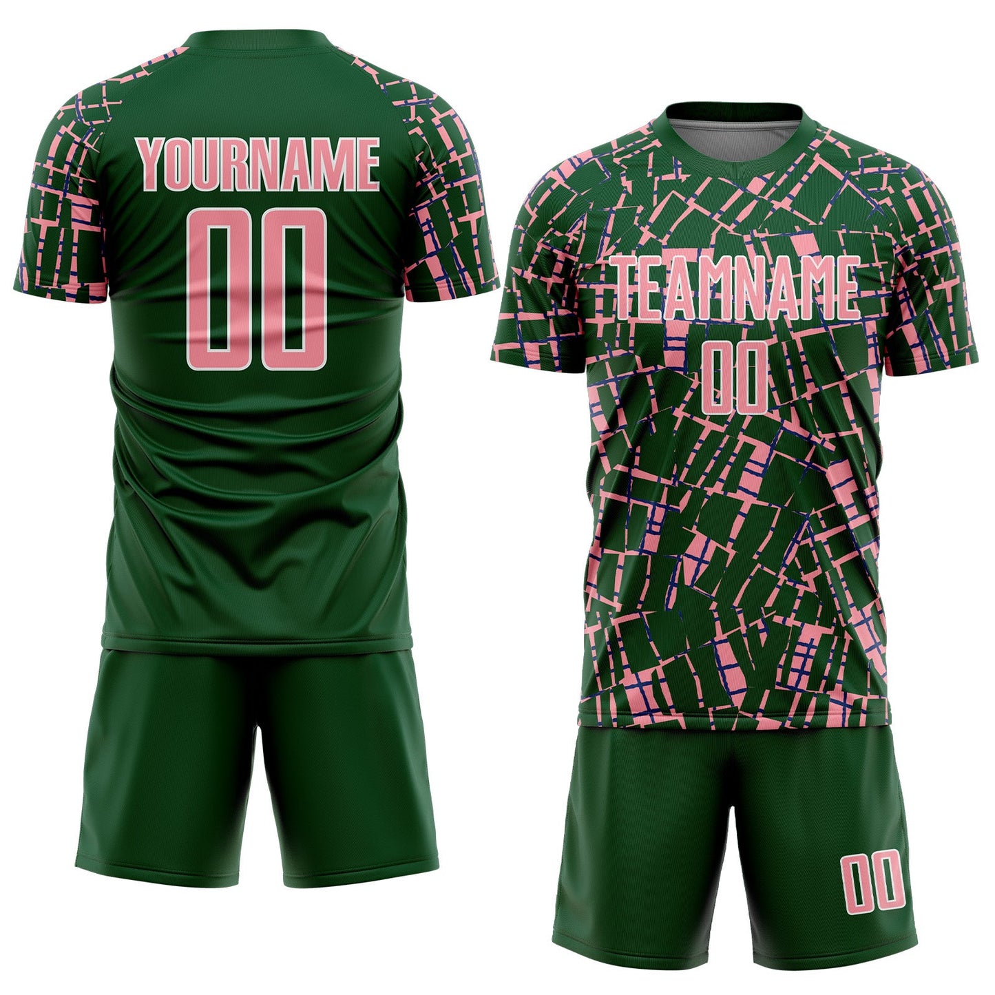 Custom Green Medium Pink-White Abstract Line Sports Sublimation Soccer Uniform Jersey view 2