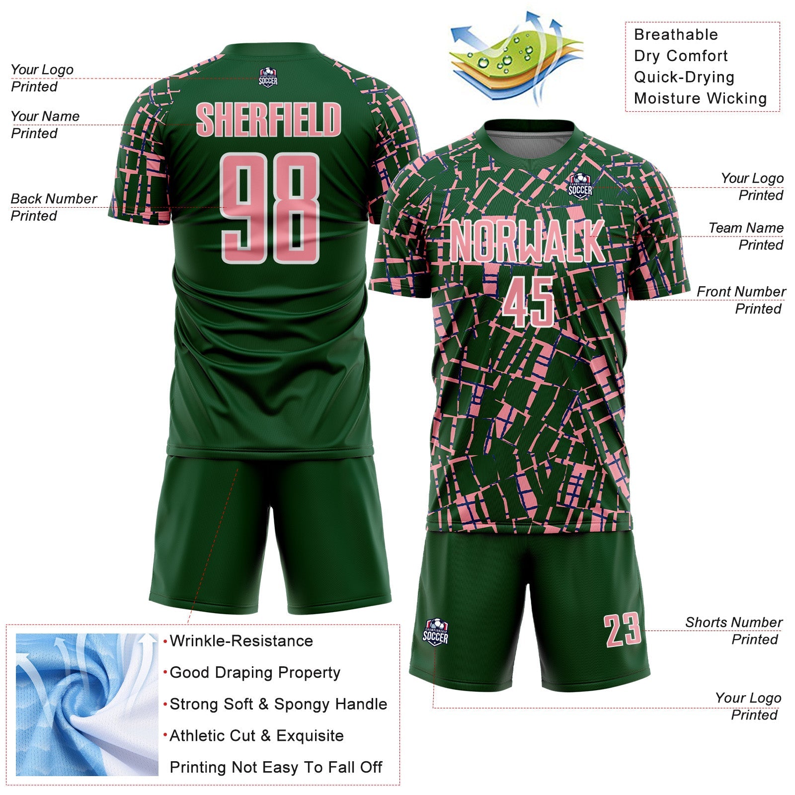 Custom Green Medium Pink-White Abstract Line Sports Sublimation Soccer Uniform Jersey view 4