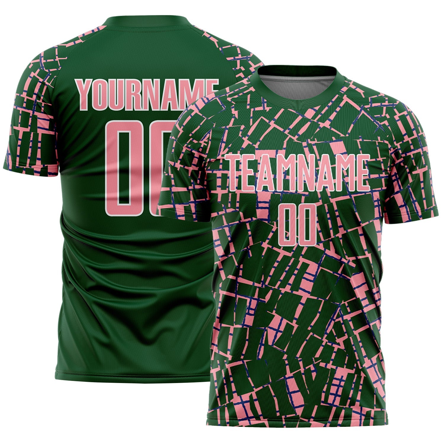Custom Green Medium Pink-White Abstract Line Sports Sublimation Soccer Uniform Jersey - Main View