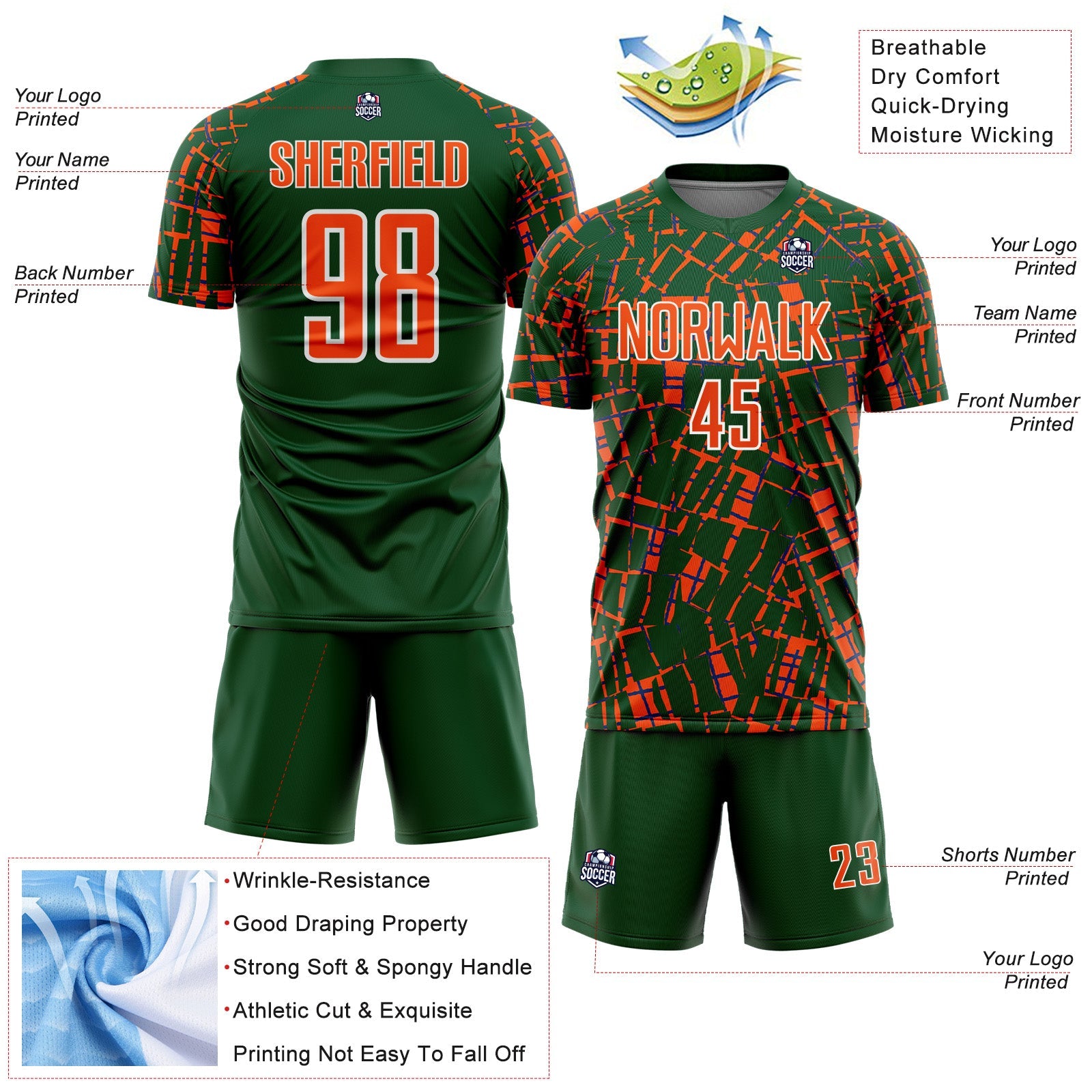 Custom Green Orange-White Abstract Line Sports Sublimation Soccer Uniform Jersey view 4