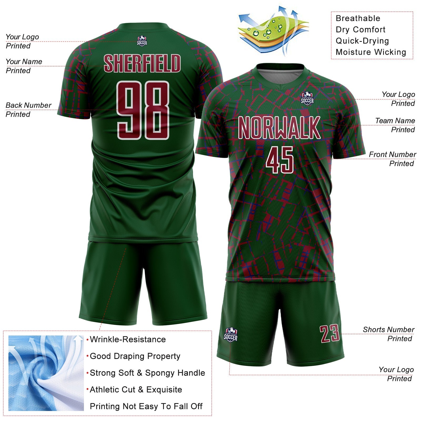 Custom Green Crimson-White Abstract Line Sports Sublimation Soccer Uniform Jersey view 4