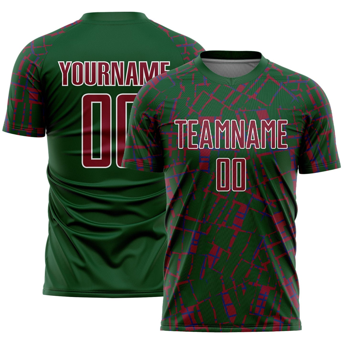 Custom Green Crimson-White Abstract Line Sports Sublimation Soccer Uniform Jersey - Main View