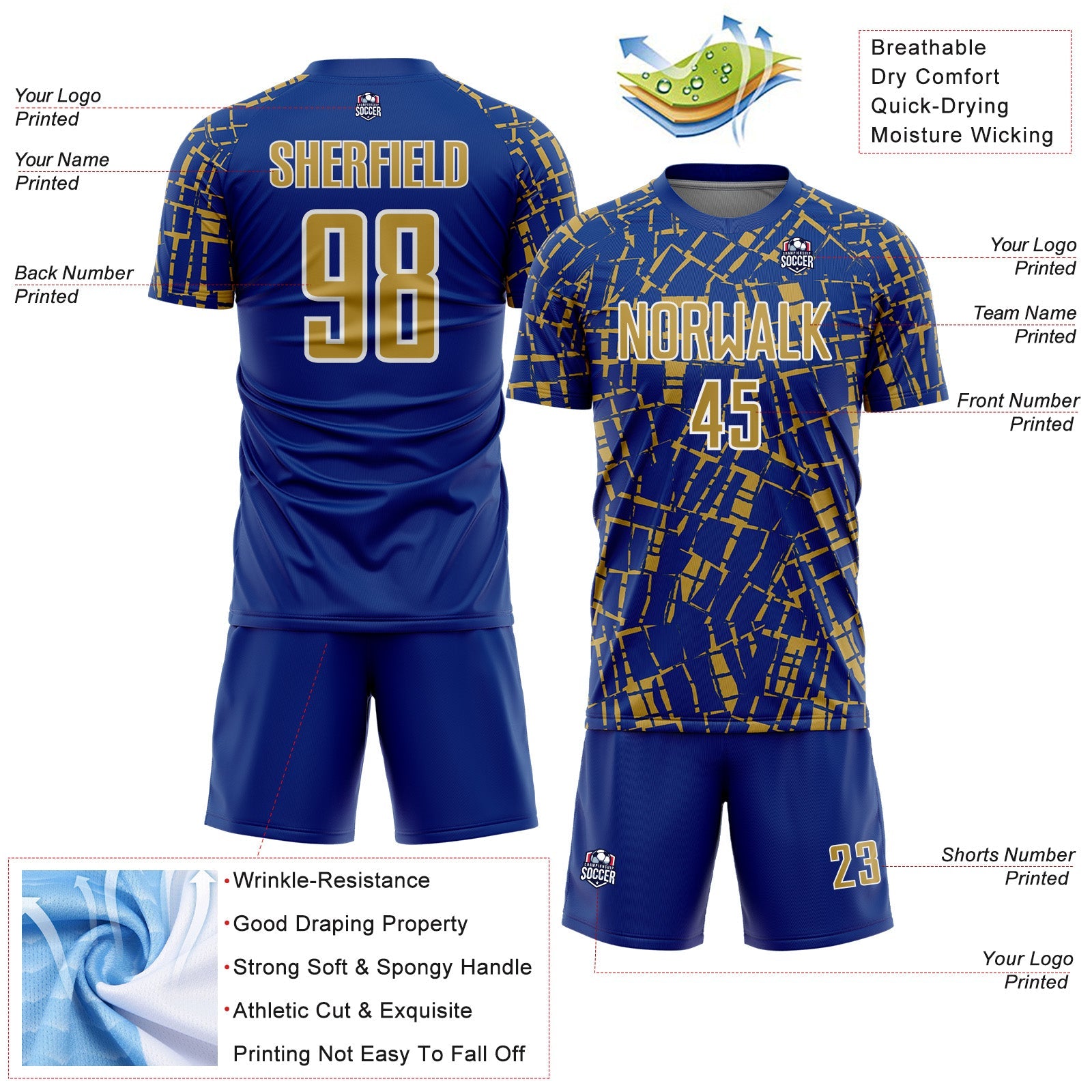 Custom Royal Old Gold-White Abstract Line Sports Sublimation Soccer Uniform Jersey view 4