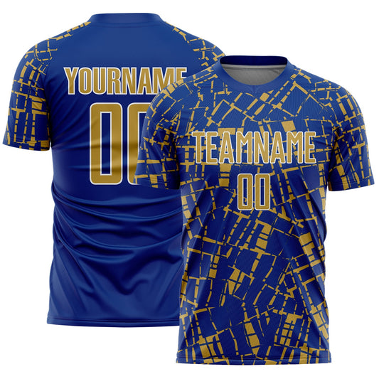 Custom Royal Old Gold-White Abstract Line Sports Sublimation Soccer Uniform Jersey - Main View