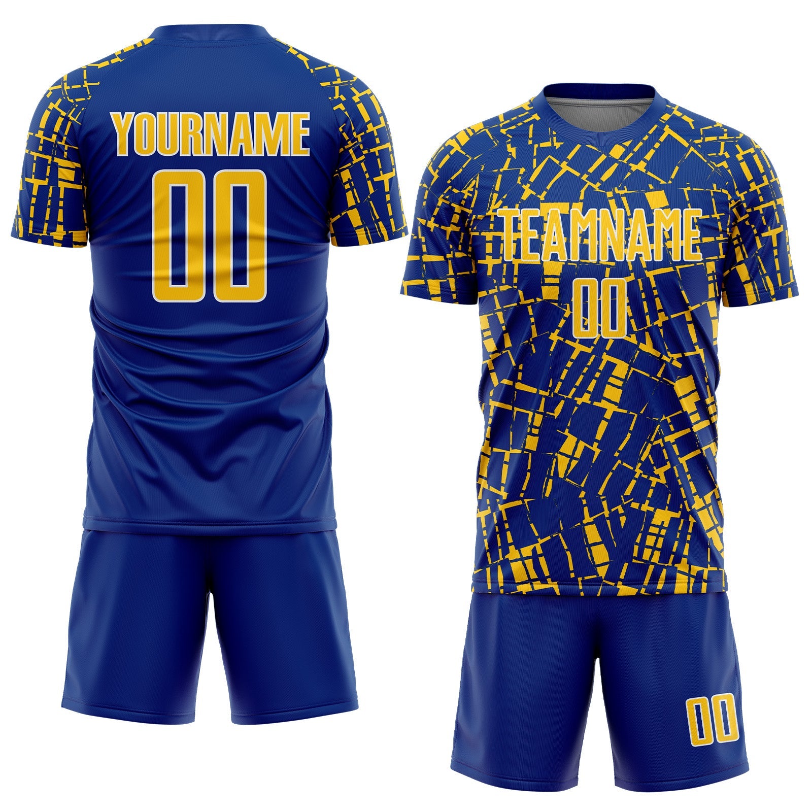 Custom Royal Yellow-White Abstract Line Sports Sublimation Soccer Uniform Jersey view 2