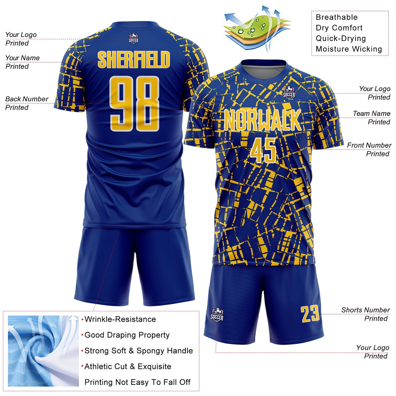 Custom Royal Yellow-White Abstract Line Sports Sublimation Soccer Uniform Jersey view 4