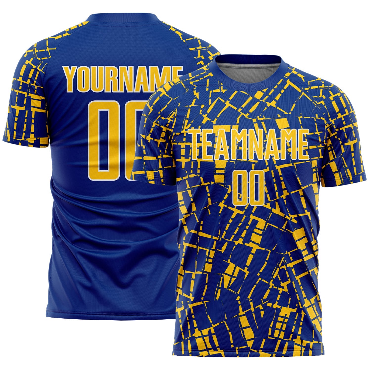 Custom Royal Yellow-White Abstract Line Sports Sublimation Soccer Uniform Jersey - Main View