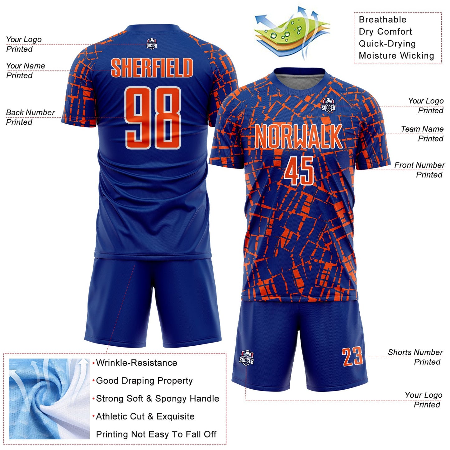 Custom Royal Orange-White Abstract Line Sports Sublimation Soccer Uniform Jersey view 4