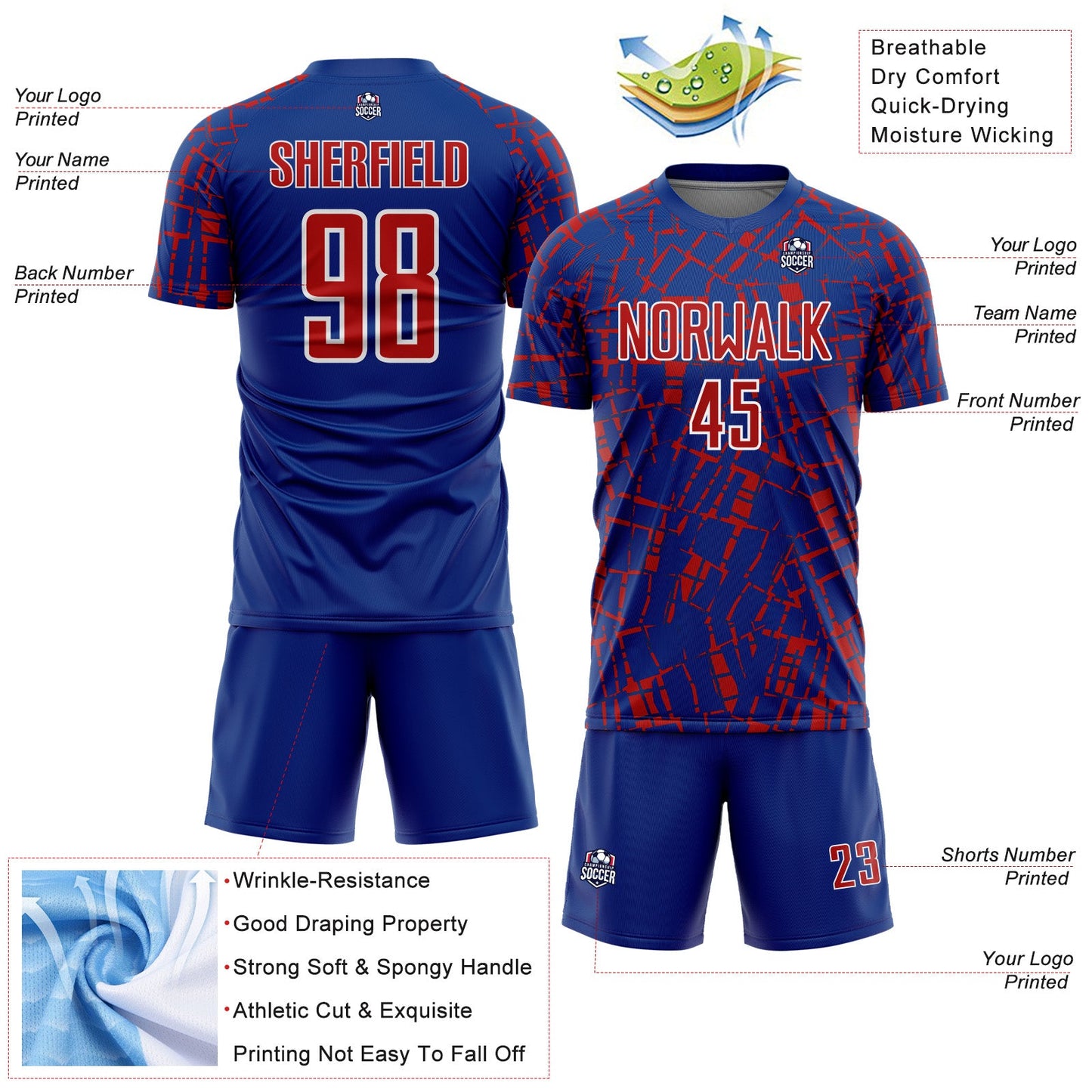 Custom Royal Red-White Abstract Line Sports Sublimation Soccer Uniform Jersey view 4